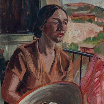 a painting of a seated woman holding a large hat as she gazes out of a balcony